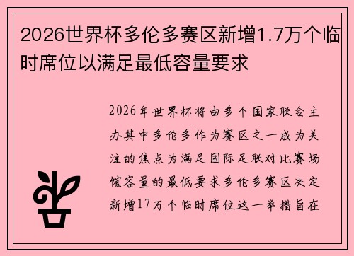 2026世界杯多伦多赛区新增1.7万个临时席位以满足最低容量要求